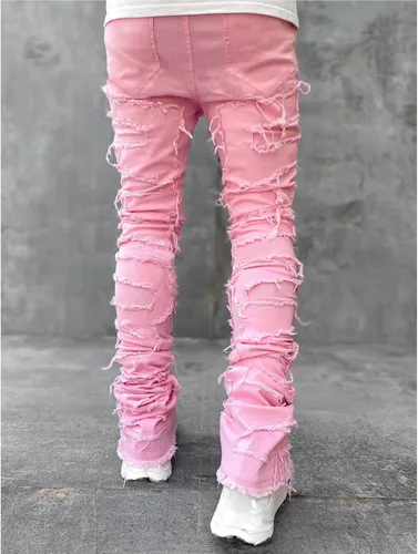 Vista 2 de Jeans apilados para hombre, ajustados, rasgados, elásticos, desgastados, rectos, pantalones de mezclilla estilo hip hop, ropa de calle