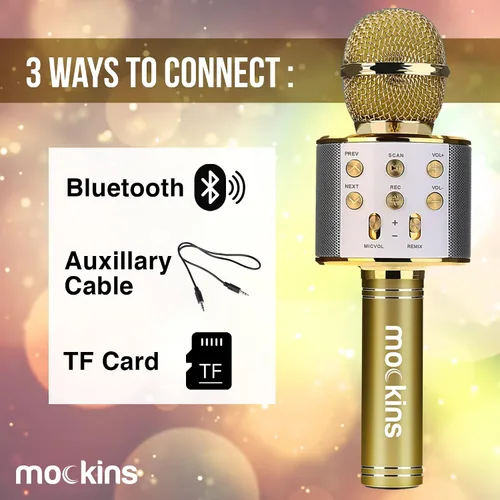Vista 8 de Mockins Micrófono de karaoke Bluetooth dorado para niños con micrófono Bluetooth integrado, altavoz inalámbrico para karaoke compatible con iPhone