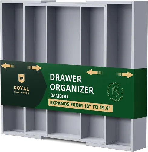 Vista 17 de ROYAL CRAFT WOOD Organizador de cajones de cocina de bambú de lujo, organizador de cubiertos, soporte para utensilios y bandeja de cubiertos