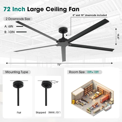 Vista 8 de Ventilador de techo de 72 pulgadas sin luz, ventilador de techo Modren con control remoto
