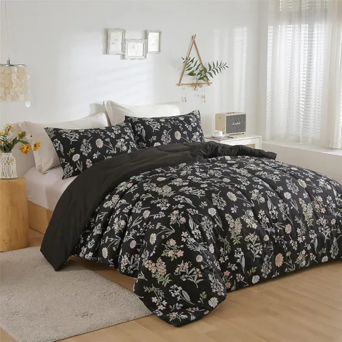 Vista 3 de Juego de edredón floral tamaño Twin, edredón negro estampado de hojas de flores botánicas amarillas y verdes para niños, adolescentes y mujeres