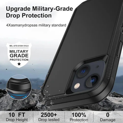Vista 4 de Funda para iPhone 13 con 2 protectores de pantalla, protección contra caídas a prueba de golpes, cuerpo completo, resistente, 3 capas, militar