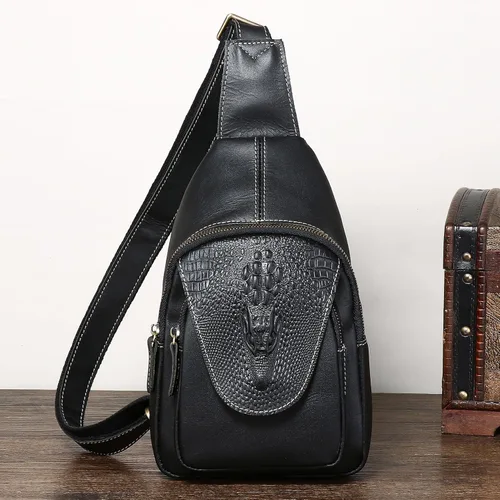 Vista 6 de Bolso bandolera de cuero genuino para hombres y mujeres, mochila en el pecho, bandolera, casual, al aire libre
