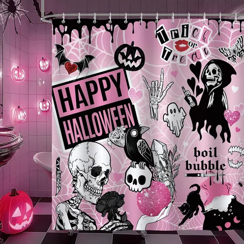 Vista 2 de Bonhause Cortina de ducha rosa de Halloween, divertido esqueleto aterrador, murciélago, decoración de baño gótica, 72 x 72 pulgadas, tela