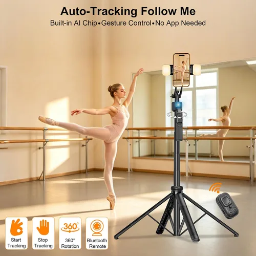 Vista 2 de Trípode de teléfono de 63 pulgadas con seguimiento automático de cara, rotación de 360° para selfie stick trípode para iPhone y cámara de acción