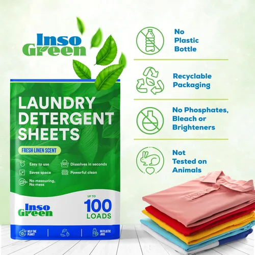 Vista 2 de Eco Washer Sheets Detergent - 100 cargas, cero jarras de plástico, sin desorden y tiras de lavandería que ahorran espacio, detergente para ropa