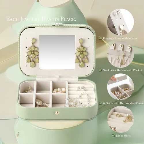 Vista 4 de Vlando Pequeño organizador de joyas de viaje, estuche de almacenamiento de piel sintética para collares, aretes, anillos, tejido verde