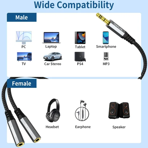Vista 6 de QianLink Divisor de auriculares, macho de 0.138 in a 2 puertos hembra, cable de extensión de 1 pie/1.0 ft para PS4, PS5, Xbox, Switch, auriculares