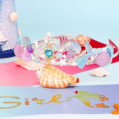 Vista 6 de CIEHER Corona de sirena, banda de cumpleaños, diadema de conchas para niñas, decoración de fiesta de sirena
