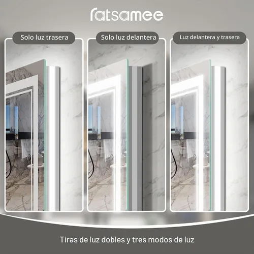 Vista 4 de Ratsamee - Espejo de baño LED de 60 x 36 con luces, retroiluminado+frontal iluminado, antivaho Blanco neutro (frontlit+retroiluminado)