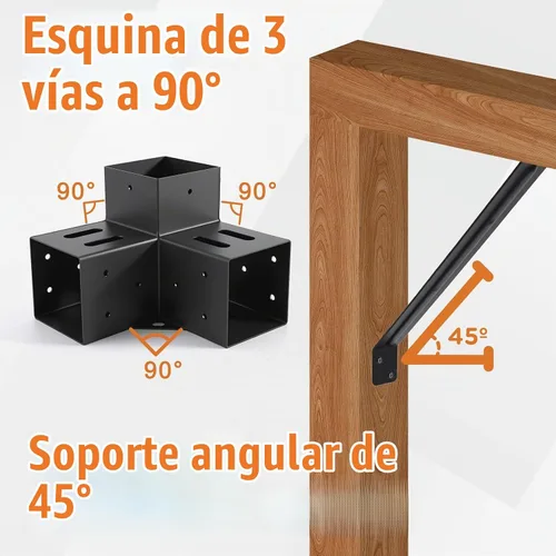 Vista 3 de 4 soportes de pérgola de 4 x 4 pulgadas (real: 3.6 x 3.6 pulgadas), soporte de esquina de ángulo recto de 3 vías, kit de pérgola de bricolaje con 8