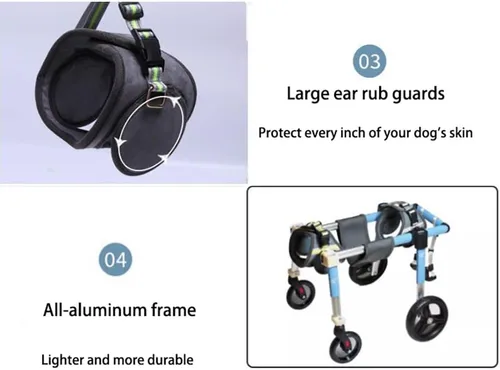 Vista 7 de Silla de ruedas para perros – Carrito ajustable para patas traseras, marco de aluminio ligero, ruedas de absorción de golpes para perros