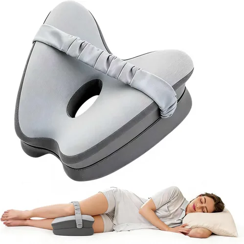 Vista 8 de Almohada de rodilla de espuma viscoelástica para dormir de lado, azul con correa ajustable para alineación de cadera y columna vertebral, alivia