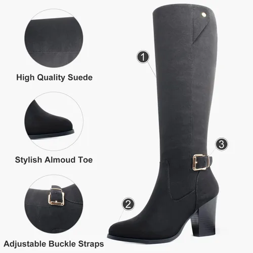 Vista 4 de DCMBLY Botas altas hasta la rodilla para mujer, tacón grueso, puntera completa, con cremallera lateral completa
