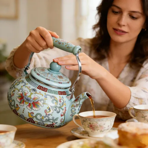 Vista 6 de Pumtus Hervidor de té esmaltado floral de 2.6 cuartos de galón, tetera esmaltada vintage, olla de café esmaltada en acero con mango de cerámica