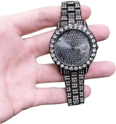 Vista 3 de Reloj de pulsera de cuarzo plateado con diamantes de imitación para hombres y mujeres, para parejas, estilo hip hop, con brillantes brillantes