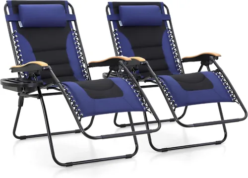 Vista 14 de MFSTUDIO Sillas Zero Gravity, silla reclinable de gran tamaño para patio, silla plegable acolchada con bandeja portavasos, soporta 400 libras
