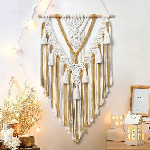 Vista 8 de Dremisland - Tapiz tejido de macramé para colgar en la pared, geométrico estilo boho, beige y gris, de algodón hecho a mano, decoración artística