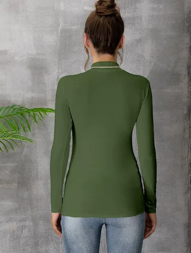 Vista 4 de Camiseta Top sin Mangas de Manga Larga para Mujer, Cuello de Tortuga Simulado, Básica, Ajuste Elástico, Suéter Ligero, Camisa Entallada Verde militar