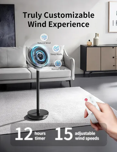 Vista 3 de Ventilador de pie para dormitorio, ventilador omnidireccional oscilante de 180°, ventilador de piso silencioso de 20 dB de CC ultra silencioso que