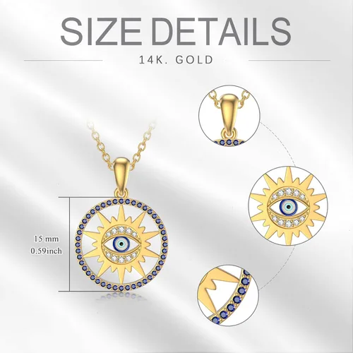 Vista 4 de Collar de oro macizo de 14 quilates para mujer, dije de sol y mal de ojo, delicado collar de protección contra el mal de ojo, 16 pulgadas + 2