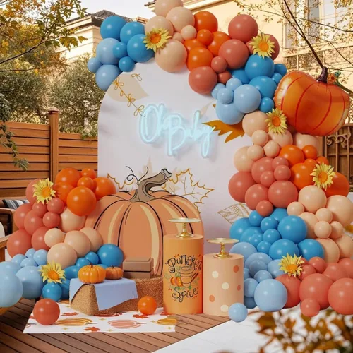 Vista 9 de Kit de arco de globos de otoño rosa de 149 piezas, guirnalda de globos de color naranja polvoriento rosa con lazo, calabaza, hojas de arce, globos