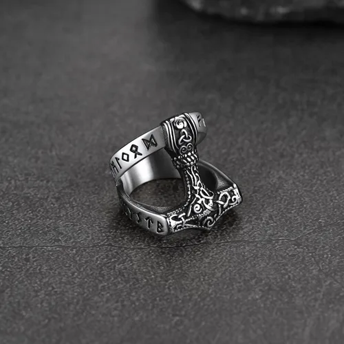 Vista 8 de FaithHeart Norse Viking Jewelry - Anillo de acero inoxidable de guerrero para hombre con diseño vikingo de cabeza de lobomartillo de Thor
