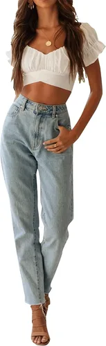 Vista 6 de LYANER - Blusa ombliguera para mujer, manga corta, con volados, que se ata en la espalda y hombros descubiertos, estilo Bardot