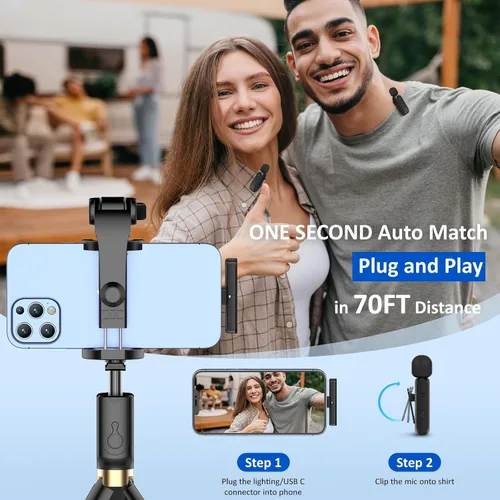 Vista 3 de Ecomxia 2 Piezas Micrófono de Solapa Inalámbrico para iPhone iPad Android con Estuche de Carga 7H Micrófono de Clip de Solapa Inalámbrico