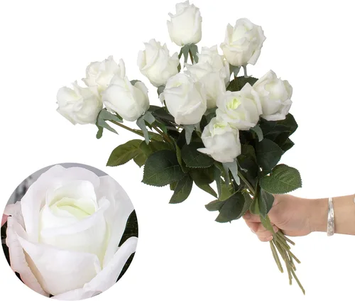 Vista 8 de 12 capullos de rosas artificiales medio abiertos, rosas de seda de tacto real de 17 pulgadas con flores parcialmente abiertas, flores artificiales