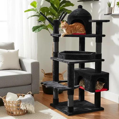 Vista 4 de BEWISHOME Árbol para gatos resistente, 63 pulgadas, árboles para gatos grandes, torre gótica para gatos con cama de ataúd, casas para gatos
