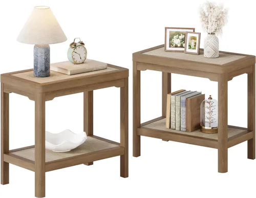 Vista 29 de Eclatara Mesitas de noche de ratán, mesa auxiliar de 2 niveles para dormitorio, mesa auxiliar de polígono decorativa para espacios pequeños, mesa