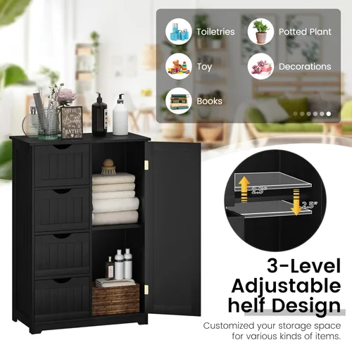 Vista 5 de COSTWAY Armario de almacenamiento de baño, organizador de almacenamiento de madera con 4 cajones profundos y estante ajustable, gabinete de piso