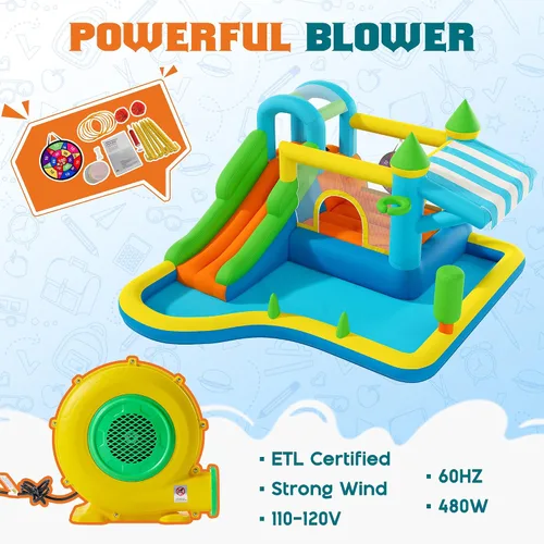 Vista 6 de Albott Inflatable Bounce House Obstacle Course with Blower, for Kids 3-10 Azul océano y verde