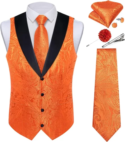 Vista 30 de DiBanGu Chaleco de traje de cachemira para hombre, chaleco jacquard de seda y corbata, chaleco formal de cuello de chal, 7 piezas para fiesta