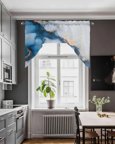 Vista 4 de Cortinas de cocina con cenefa de mármol azul y gris, cenefa con bolsillo para barra, paneles de cortina para dormitorio, sala de estar, baño