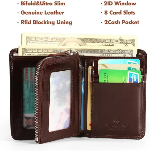 Vista 8 de Billetera para hombre con cremallera de cuero genuino RFID tarjeteros de piel de vaca con cremallera bolsillo para monedas, carteras plegables