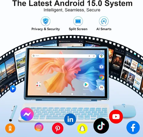 Vista 5 de Tablet de 10 pulgadas 2 en 1 Android 15 tabletas con teclado, tabletas de 10 pulgadas incluyen mouse teclado Stylus Case, 6000mAh 8GB RAM 32GB ROM