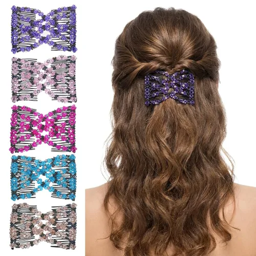 Vista 4 de LOVEF Paquete de 2 peines elásticos con cuentas mágicas, hechas a mano con doble alambre de metal para mujeres y niñas (color aleatorio)