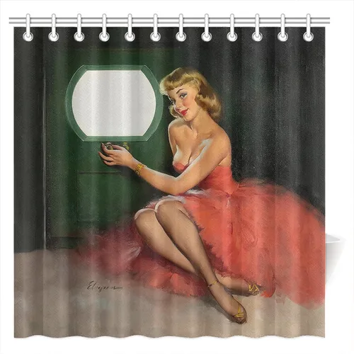 Vista 7 de FUNNY KIDS' HOME Cortinas de ducha retro con pin up para baño, pintura al óleo, arte de lienzo, decoración de baño, sexy dama bañándose