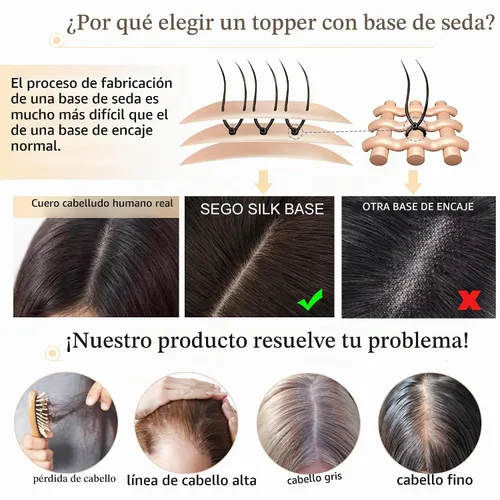 Vista 7 de SEGO Toppers para el cabello para mujer, cabello humano real con flequillo, base de seda de 2.8 x 5.1 in, 100% cabello humano Remy, clip en la parte