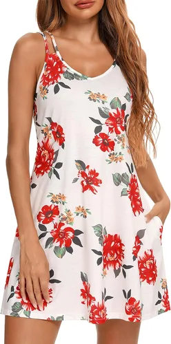 Vista 2 de Camisón estampado para mujer, camisón sin mangas, talla grande, ropa de dormir con bolsillos, tallas S-3XL