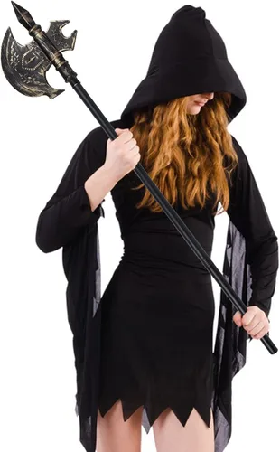 Vista 4 de Disfraz medieval vikingo de esqueleto, ejecutor de la parca de hacha, disfraz de hoja falsa, hacha de batalla, accesorios de diablo para Halloween