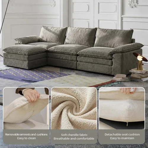 Vista 5 de Sofá modular en forma de nube de 118 pulgadas, con otomana móvil, sofá de asiento profundo de felpilla para sala de estar, sin montaje, gris