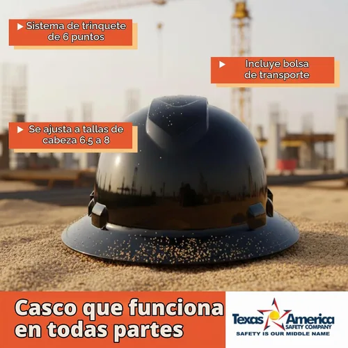 Vista 5 de Texas America Safety Company Casco duro RIDGELINE de ala completa con ajuste de perilla de 6 puntos y bolsa