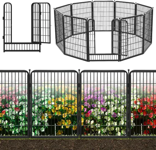 Vista 8 de Valla decorativa de metal negro para jardín con puerta, 4.5 pies de largo x 32 pulgadas de alto, 2 paneles de valla sin excavación, valla de barrera