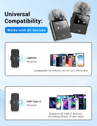 Vista 6 de Mini micrófono inalámbrico Lavalier para iPhone, iPad, teléfono Android, reducción de ruido, clip magnético Plug and Play, micrófono de solapa