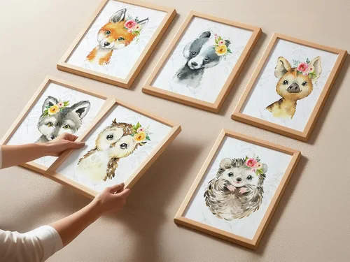 Vista 5 de Juego de 6 piezas de arte para pared de guardería de animales del bosque, impresiones de animales de bosque en acuarela, decoración de guardería