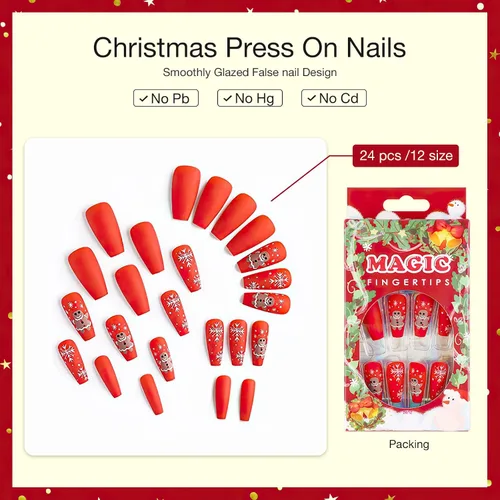 Vista 2 de Año Nuevo Navidad Prensa en Uñas Largas Ataúd Acrílico Uñas Falsas Kit Navidad Copo de Nieve Decoración de Uñas Falsas Bailarina Uñas Falsas Puntas