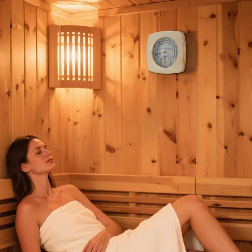 Vista 5 de Termómetro e higrómetro de madera para sauna - 2 en 1 Fahrenheit (50-250°F) para salas de barril/infrarrojos/vapor, diseño analógico de montaje